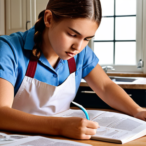 Home 4 **
A focused student deeply engrossed in studying baking books, surrounded by highlighted notes and practice exam papers, capturing the dedication required for the written baking certification test.
**